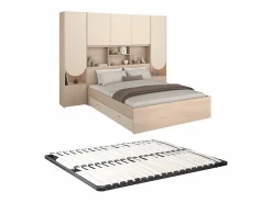 Cama puente 140 x 190 cm con almacenamiento y LEDs en beige y natural + somier - DOMELITO^Vente-unique Discount