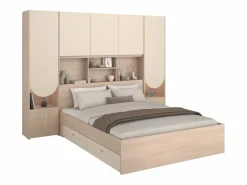 Vente-unique Cama puente 160 x 200 cm con almacenamiento y LEDs beige y natural + somier + colchón - DOMELITO Beige / Color natural claro Best