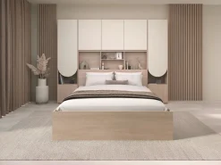Cama puente 140 x 190 cm con almacenamiento y LEDs beige y natural + somier + colchón - DOMELITO^Vente-unique Discount