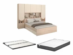 Cama puente 140 x 190 cm con almacenamiento y LEDs beige y natural + somier + colchón - DOMELITO^Vente-unique Discount