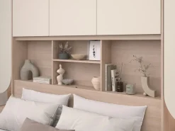 Cama puente 140 x 190 cm con almacenamiento y LEDs beige y natural + somier + colchón - DOMELITO^Vente-unique Discount