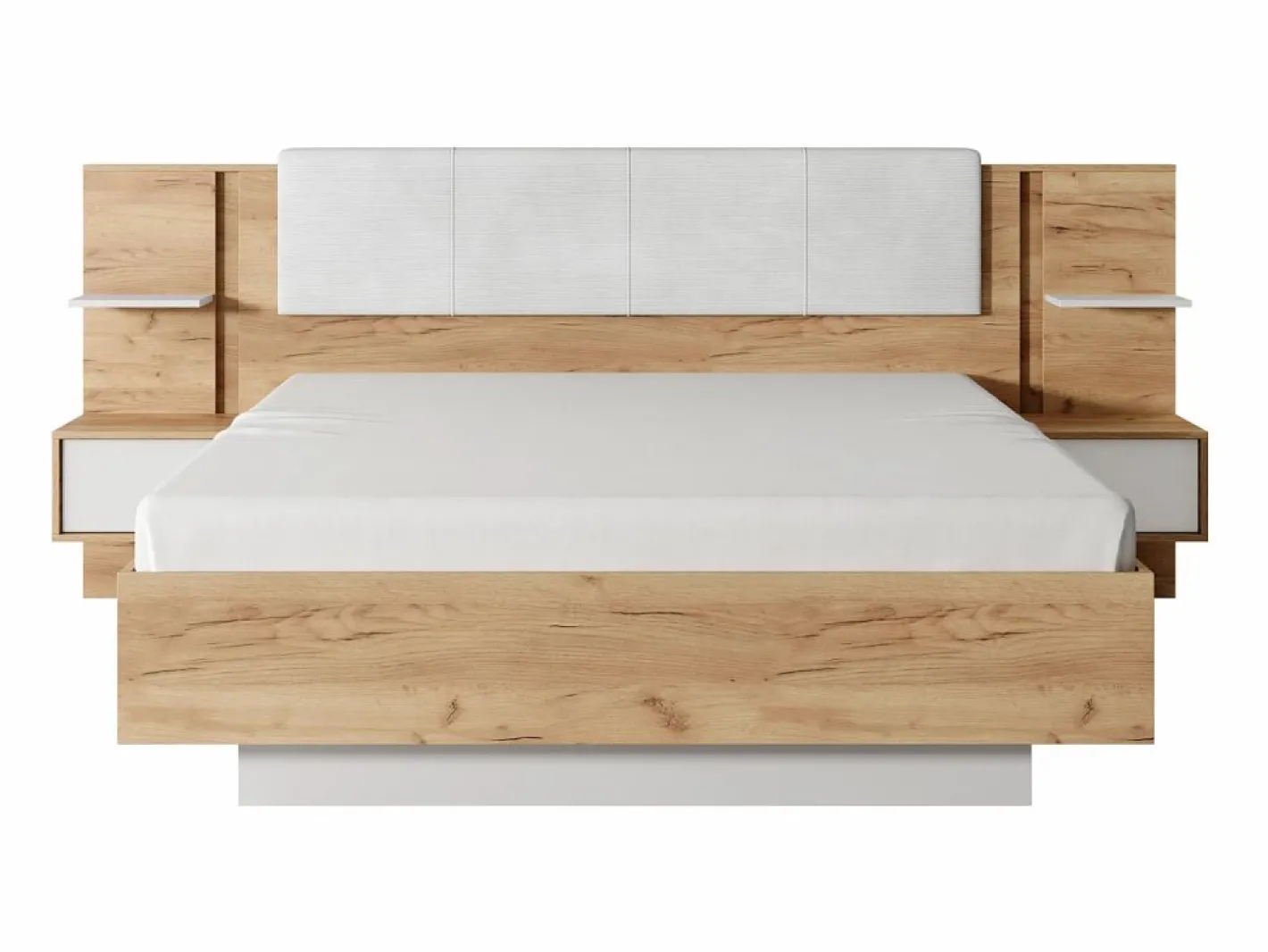 Vente-unique Cama Con Almacenaje|Cama Adulto|Cama queen size 160 x 200 cm con mesitas de noche LEDs en natural y blanco + somier + colchón - ELYNIA