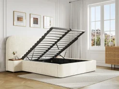 Maison Céphy Cama queen size con almacenaje, mesitas de noche de tela bouclé blanca y colchón - ESTERIA by Blanco Discount