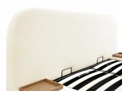 Maison Céphy Cama queen size con almacenaje, mesitas de noche de tela bouclé blanca y colchón - ESTERIA by Blanco Discount