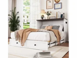 ModernLuxe Cama Abatible|Cama retráctil de madera 140x200 cm - con tomas USB y almacenamiento -