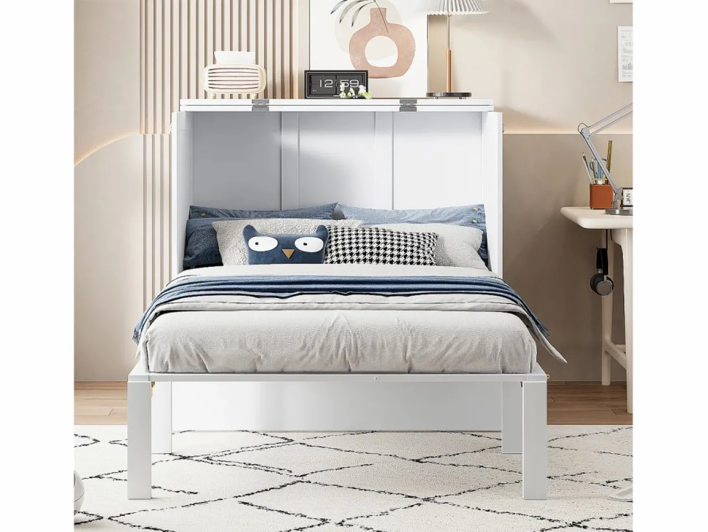 Cama retráctil 90x200 cm, con somier, cama plegable abatible, dimensiones después del plegado: 70x90cm, sin colchón, madera, Blanco New