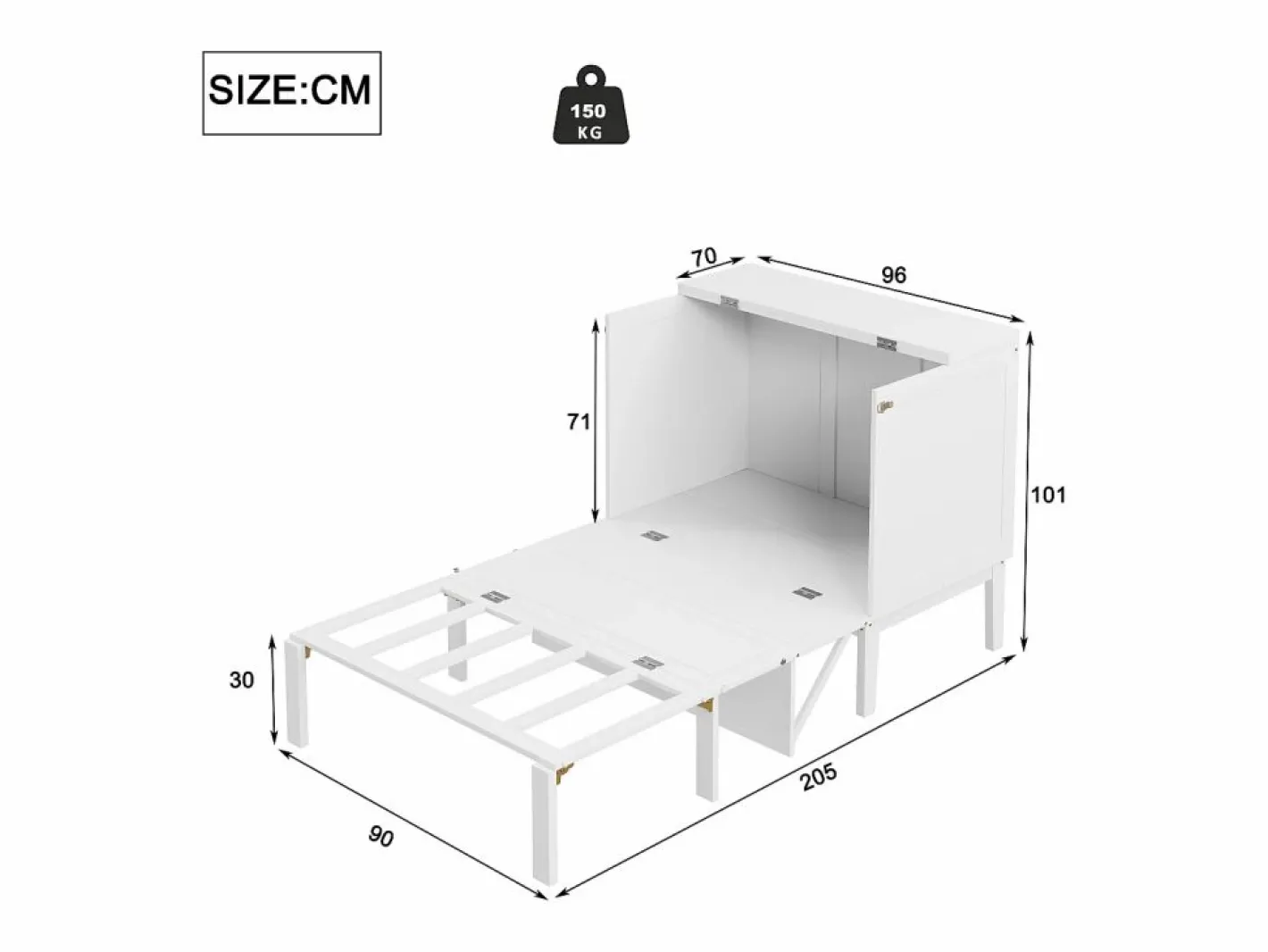 Cama retráctil 90x200 cm, con somier, cama plegable abatible, dimensiones después del plegado: 70x90cm, sin colchón, madera, Blanco New