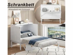 Cama retráctil 90x200 cm, con somier, cama plegable abatible, dimensiones después del plegado: 70x90cm, sin colchón, madera, Blanco New