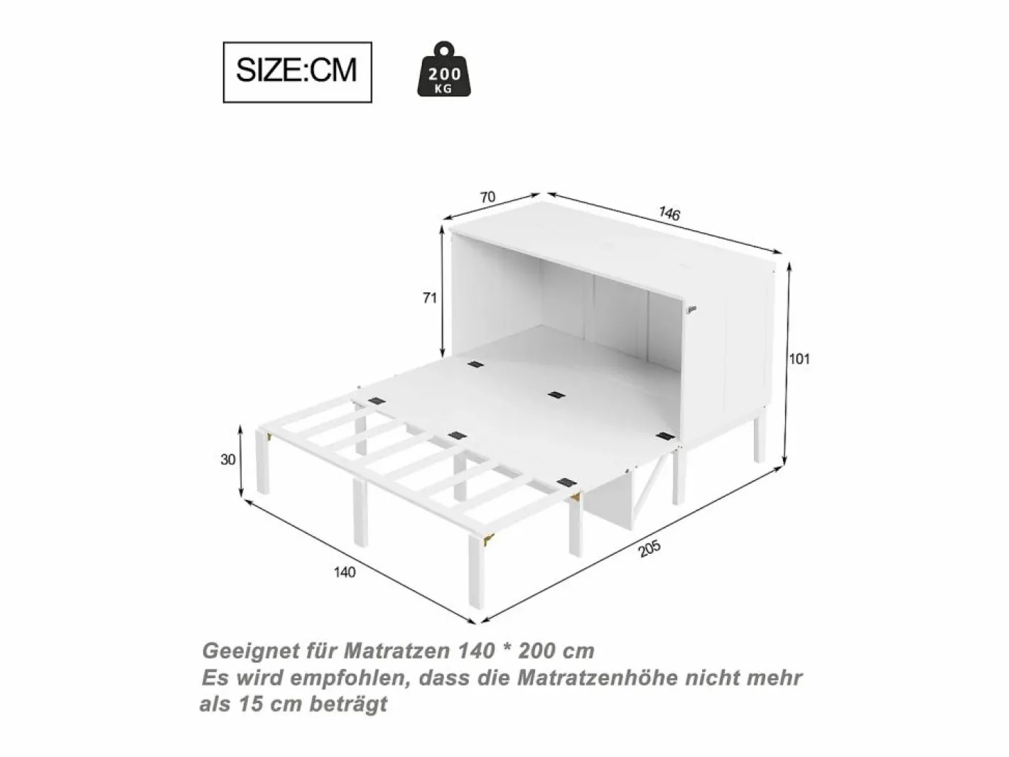 Cama retráctil 140x200 cm, con somier, cama plegable, dimensiones después del plegado: 70x140cm, sin colchón, madera,^