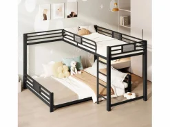 ModernLuxe Cama superpuesta de metal en forma de L - 90x200 cm + 140x200 cm - con barreras de seguridad y escalera - Metal - (Colchón no incluido) Negro