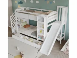 ModernLuxe Cama Litera|Cama superpuesta infantil 90x200 cm - con escalera de almacenamiento y tobogán - con una biblioteca ilustrada - con 2 cajones - ​ (sin colchón)