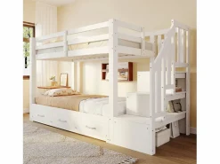 ModernLuxe Cama superpuesta infantil 90 x 200 cm - con escalera de almacenamiento - con 3 cajones - con cama nido - (colchón no incluido) Blanco