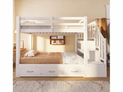 ModernLuxe Cama superpuesta infantil 90 x 200 cm - con escalera de almacenamiento - con 3 cajones - con cama nido - ​ (colchón no incluido) Blanco