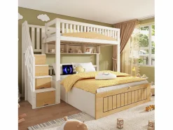 ModernLuxe Cama superpuesta 90x200cm + 140x200cm - Cama inferior con espacio de almacenamiento - escalera con almacenamiento - con puerto USB - Blanco+Natural (sin colchón) Color natural claro / Blanco Clearance