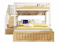 ModernLuxe Cama superpuesta 90x200cm + 140x200cm - Cama inferior con espacio de almacenamiento - escalera con almacenamiento - con puerto USB - Blanco+Natural​ (sin colchón) Color natural claro / Blanco Clearance