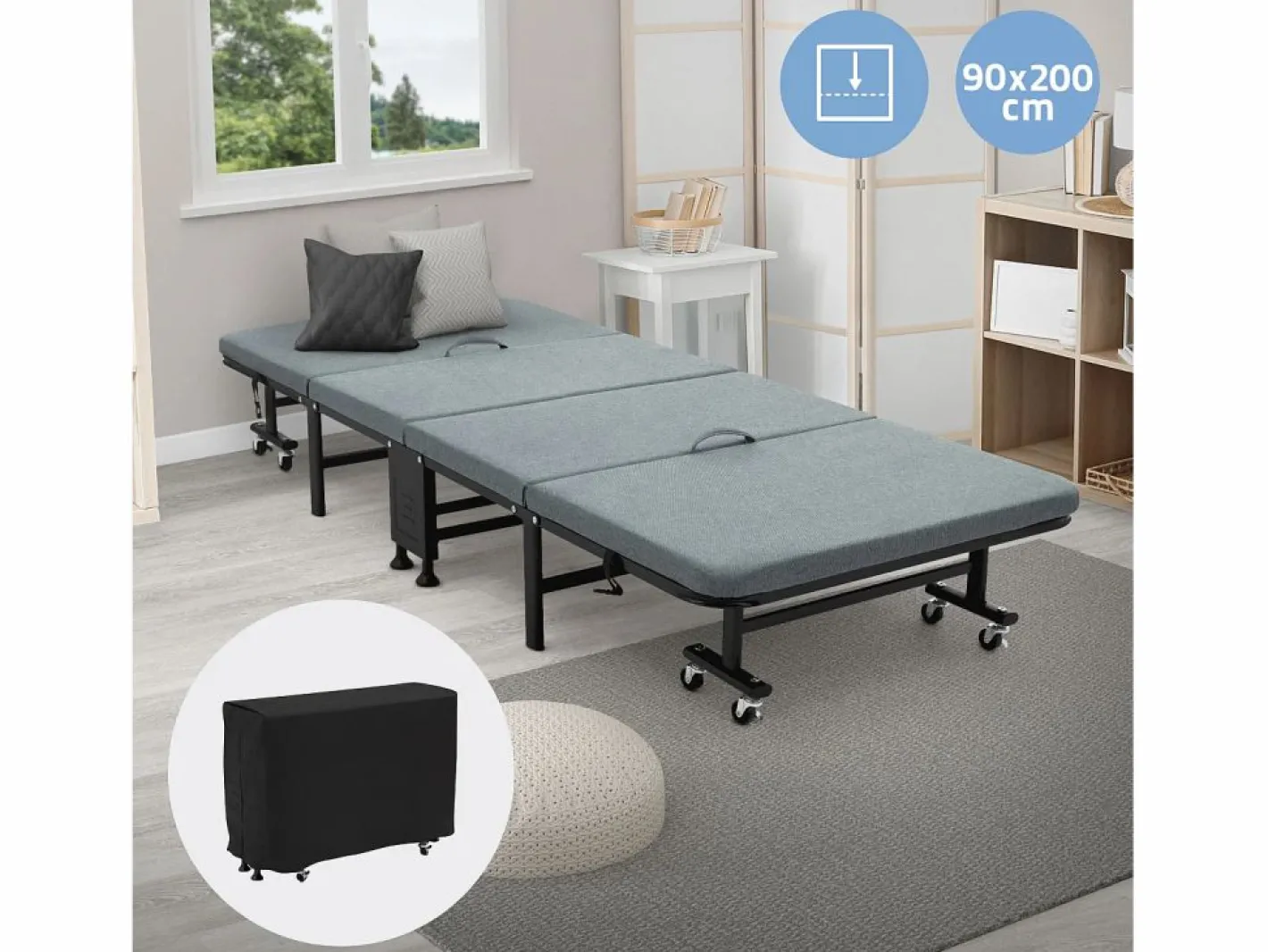 Cama supletoria 90x200 cm, Cama individual plegable, con colchón/relleno, cama de viaje^ECD Germany Best