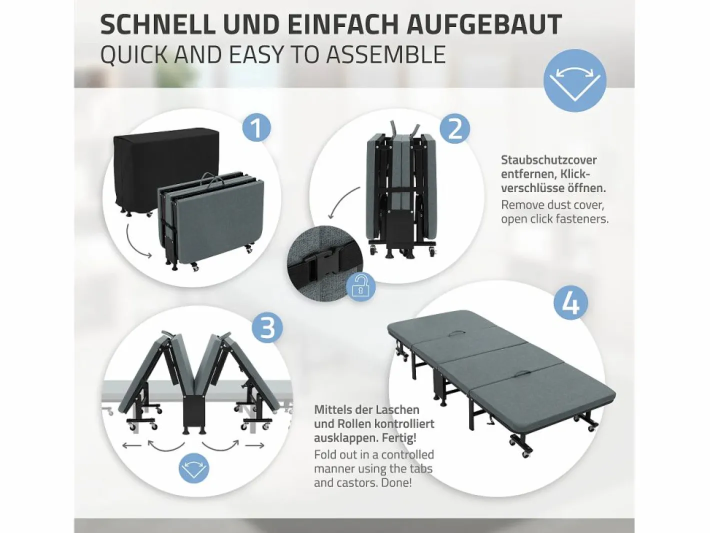 Cama supletoria 90x200 cm, Cama individual plegable, con colchón/relleno, cama de viaje^ECD Germany Best