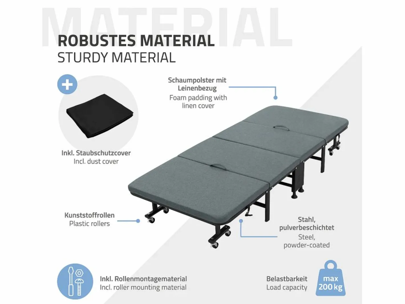 Cama supletoria 90x200 cm, Cama individual plegable, con colchón/relleno, cama de viaje^ECD Germany Best