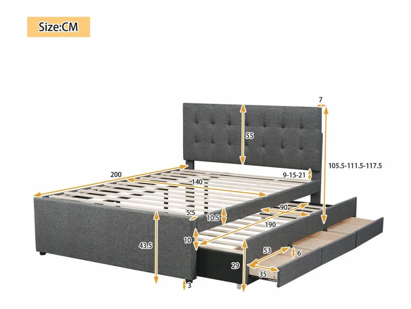 Cama tapizada, cama doble, cama familiar, cama de matrimonio con tres cajones, cama nido, cabecero regulable, , 140x200cm^ Hot