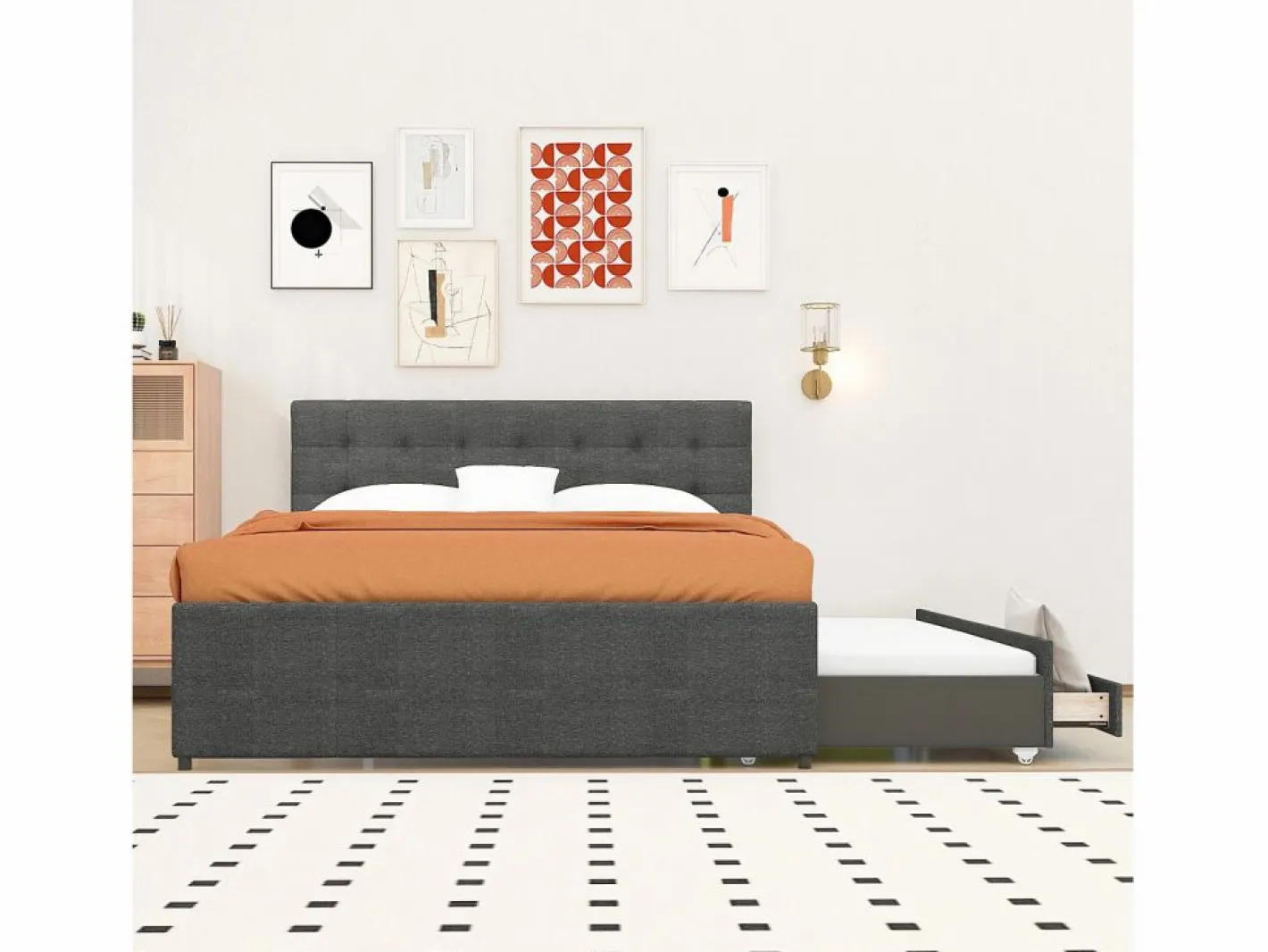 Cama tapizada, cama doble, cama familiar, cama de matrimonio con tres cajones, cama nido, cabecero regulable, , 140x200cm^ Hot