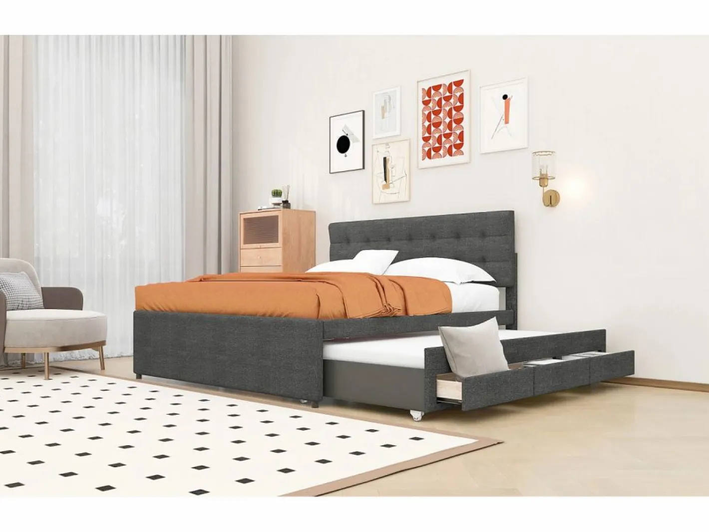 Cama tapizada, cama doble, cama familiar, cama de matrimonio con tres cajones, cama nido, cabecero regulable, , 140x200cm^ Hot