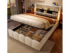 Cama tapizada con almacenaje 140x200 cm - con iluminación LED - con puertos USB + Type-C - terciopelo - (colchón no incluido)^ModernLuxe New