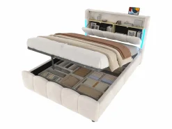 Cama tapizada con almacenaje 140x200 cm - con iluminación LED - con puertos USB + Type-C - terciopelo - (colchón no incluido)^ModernLuxe New