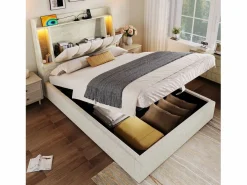 Merax Cama tapizada con almacenaje - 90 x 200 cm - con USB + LED + cabecero con almacenaje - lino - Beige Outlet
