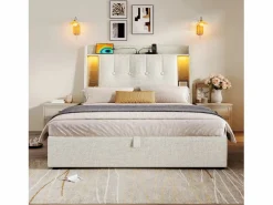 Merax Cama tapizada con almacenaje - 90 x 200 cm - con USB + LED + cabecero con almacenaje - lino - Beige Outlet