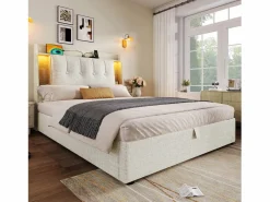 Merax Cama tapizada con almacenaje - 90 x 200 cm - con USB + LED + cabecero con almacenaje - lino - Beige Outlet