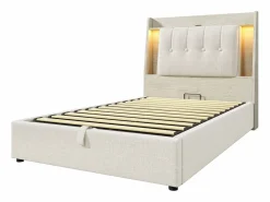 Merax Cama tapizada con almacenaje - 90 x 200 cm - con USB + LED + cabecero con almacenaje - lino - Beige Outlet