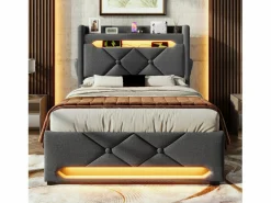 ModernLuxe Cama tapizada con almacenaje 90x200 cm - con LED y puertos de carga USB - Tela de lino - Cabecero con espacio de almacenamiento - Gris Clearance