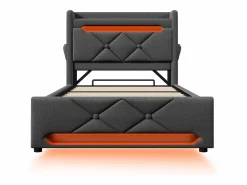 ModernLuxe Cama tapizada con almacenaje 90x200 cm - con LED y puertos de carga USB - Tela de lino - Cabecero con espacio de almacenamiento - Gris Clearance