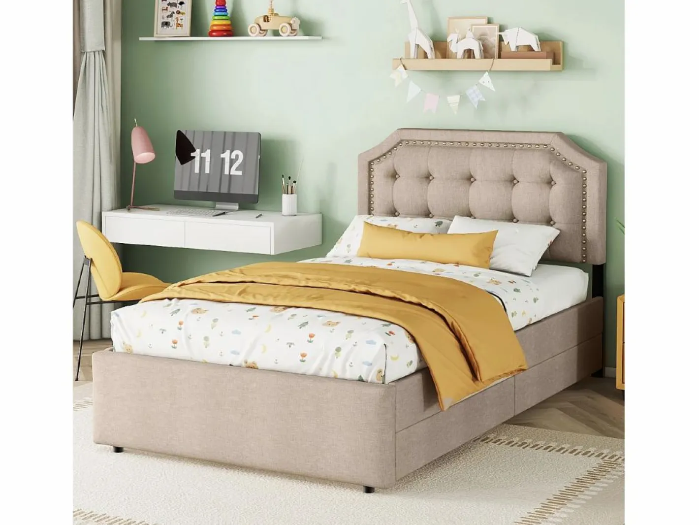 Cama tapizada de 90 x 200 cm, tapizada en tejido de lino con remaches decorativos, 2 cajones y somier, oscuro^Merax New