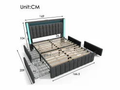 Cama tapizada para adultos con cargador USB tipo C + iluminación LED + 4 cajones, cama de almacenamiento doble 160x200 cm, (sin colchón).^KOMHTOM Online