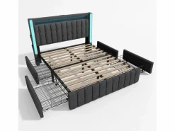 Cama tapizada para adultos con cargador USB tipo C + iluminación LED + 4 cajones, cama de almacenamiento doble 160x200 cm, (sin colchón).^KOMHTOM Online