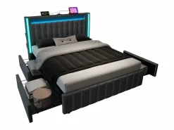 Cama tapizada para adultos con cargador USB tipo C + iluminación LED + 4 cajones, cama de almacenamiento doble 160x200 cm, (sin colchón).^KOMHTOM Online