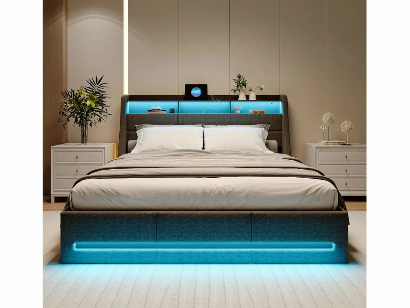 Cama Con Canapé|Cama Con Almacenaje|Cama tapizada 140x190cm con compartimento hidráulico - iluminación LED y puerto USB - lino -