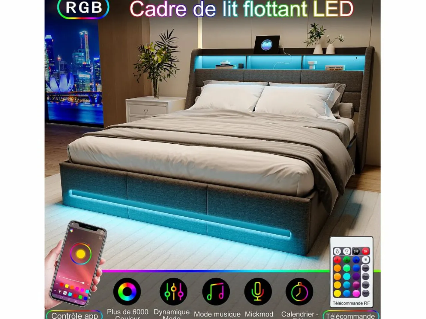 Cama Con Canapé|Cama Con Almacenaje|Cama tapizada 140x190cm con compartimento hidráulico - iluminación LED y puerto USB - lino -