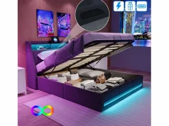 Cama Con Canapé|Cama Con Almacenaje|Cama tapizada 140x190cm con compartimento hidráulico - iluminación LED y puerto USB - lino -