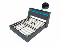 Cama Con Canapé|Cama Con Almacenaje|Cama tapizada 140x190cm con compartimento hidráulico - iluminación LED y puerto USB - lino -