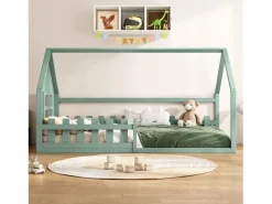 Cama tipo cabaña de 90x200 cm, cama infantil con barandillas y somier de listones de madera - pino - (sin colchón)^OKWISH Online