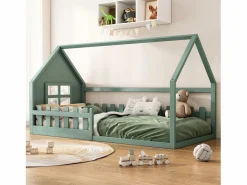 Cama tipo cabaña de 90x200 cm, cama infantil con barandillas y somier de listones de madera - pino - (sin colchón)^OKWISH Online