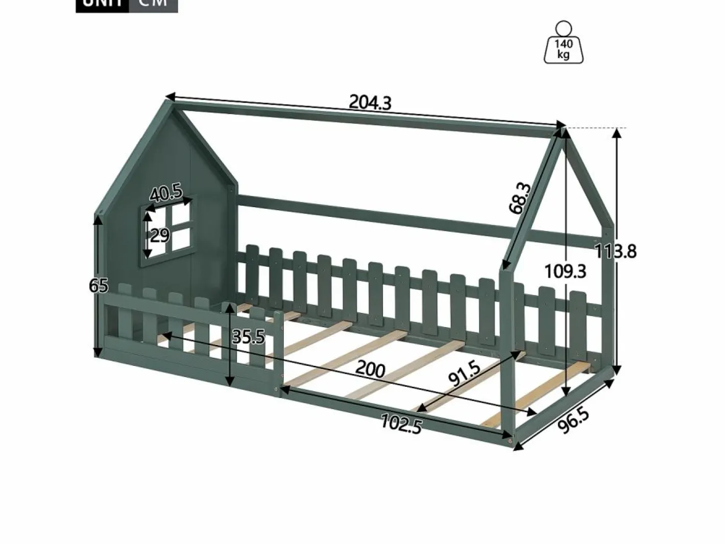 Cama tipo cabaña de 90x200 cm, cama infantil con barandillas y somier de listones de madera - pino - (sin colchón)^OKWISH Online