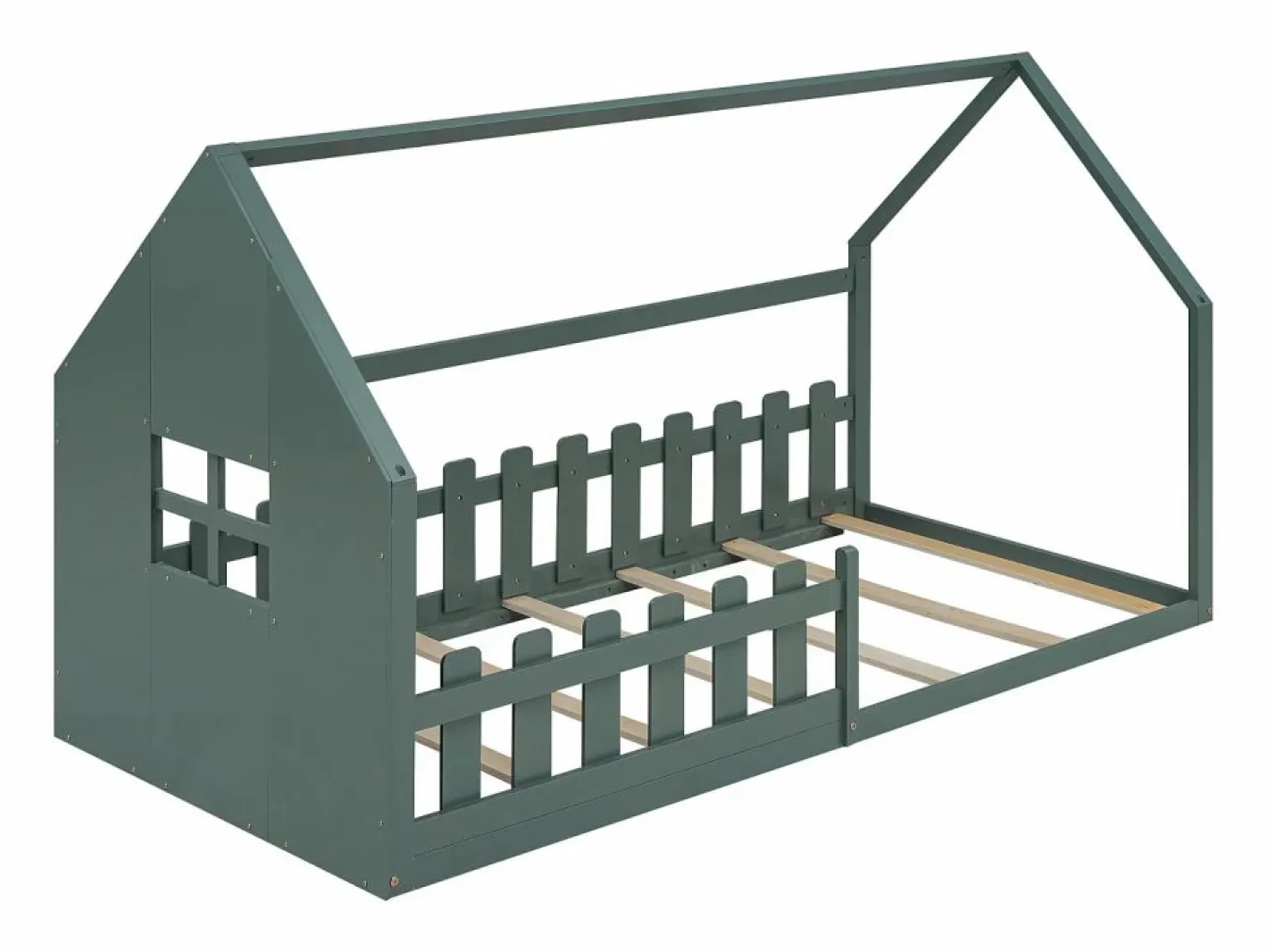 Cama tipo cabaña de 90x200 cm, cama infantil con barandillas y somier de listones de madera - pino - (sin colchón)^OKWISH Online
