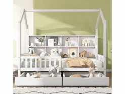 ModernLuxe Cama Montessori|Cama tipo cabina de madera maciza - con estantes y 2 cajones - 90x200cm -