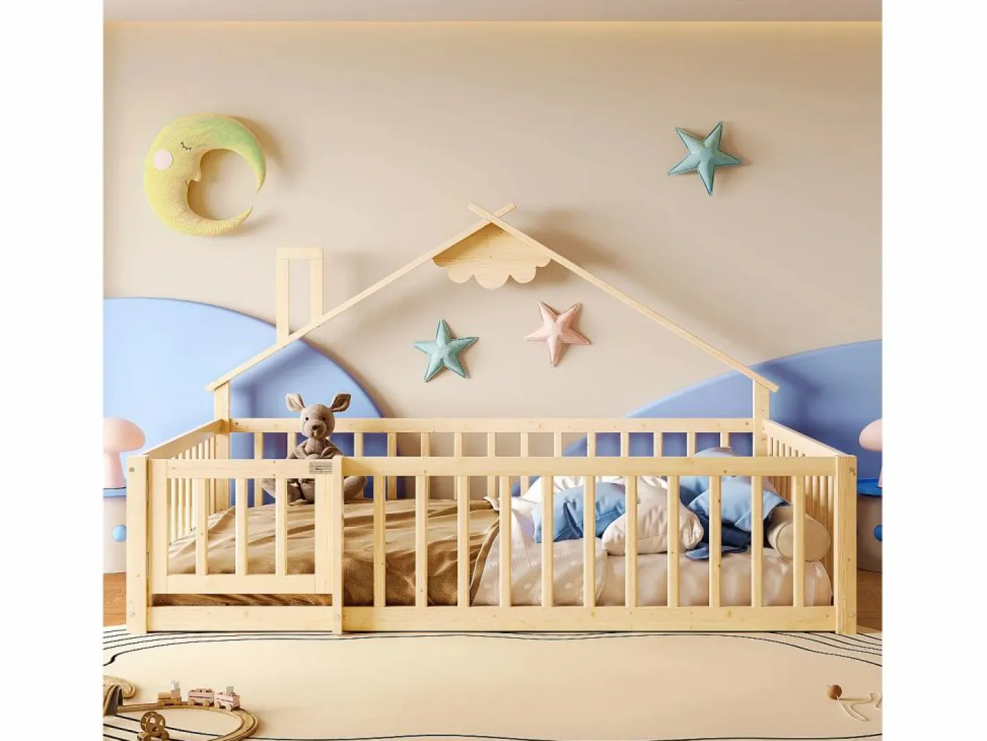 Cama tipo casita infantil 140x190cm - con barreras de seguridad - madera maciza - natural (sin colchón)^ModernLuxe Clearance