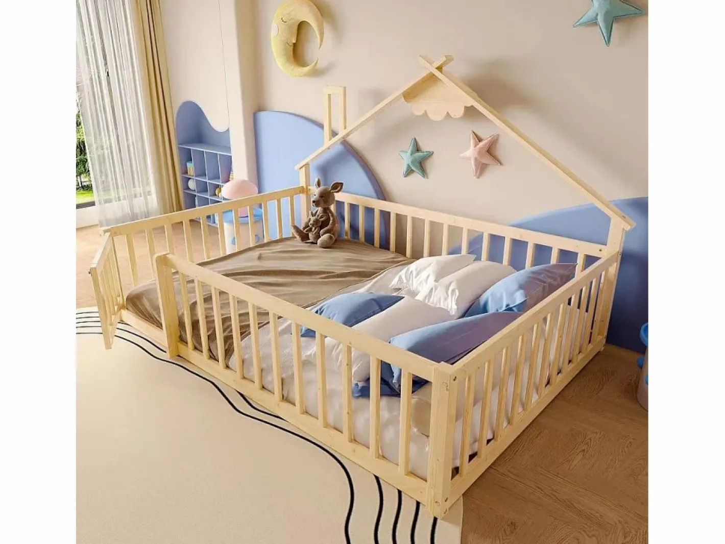 Cama tipo casita infantil 140x190cm - con barreras de seguridad - madera maciza - natural (sin colchón)^ModernLuxe Clearance