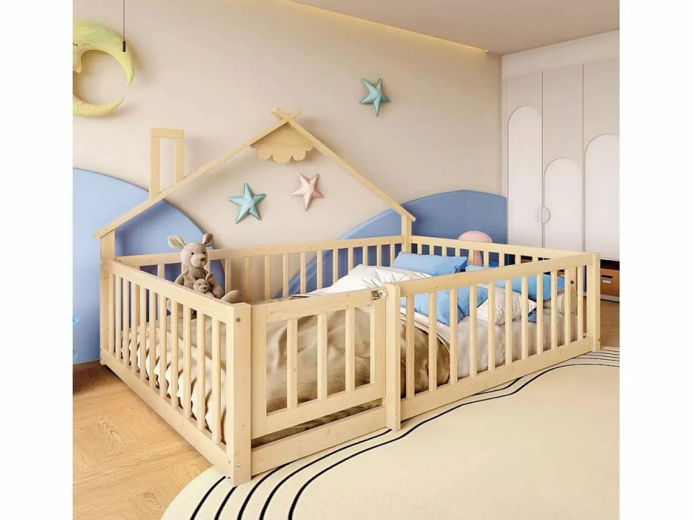 Cama tipo casita infantil 140x190cm - con barreras de seguridad - madera maciza - natural (sin colchón)^ModernLuxe Clearance