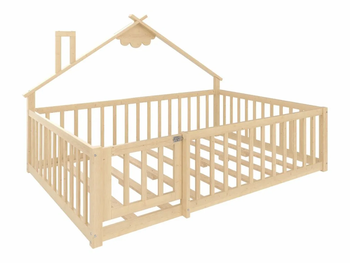 Cama tipo casita infantil 140x190cm - con barreras de seguridad - madera maciza - natural (sin colchón)^ModernLuxe Clearance